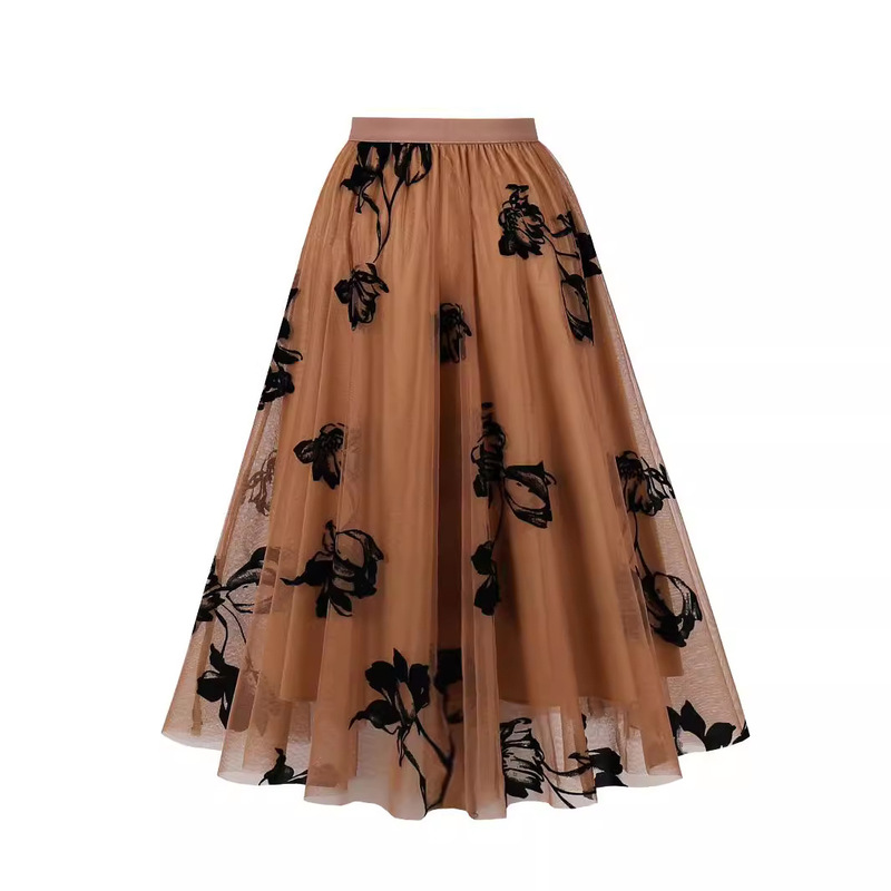 Flocked Printed Gauze Skirt for Women, Cross-Border Popular Mid-Length Off-White A-Line Skirt, Mesh Lotus Skirt
