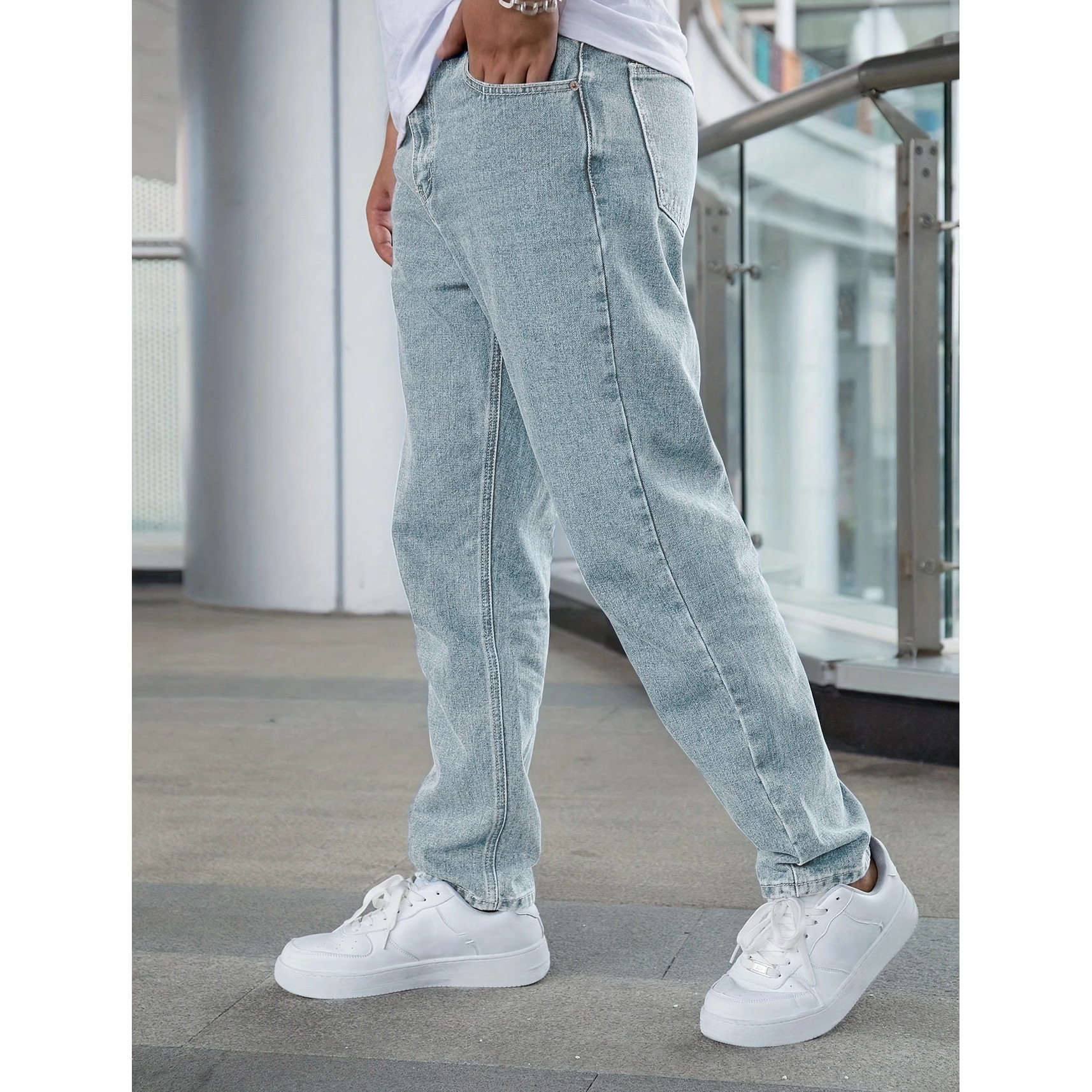 Men's Light Blue Straight Leg Jeans Casual Stretch Cotton Trousers Midweight Zipper Fly Mid Waist Long Pants_voghion.com