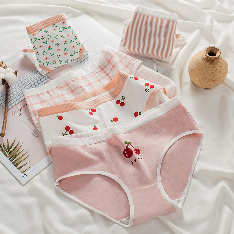 日系櫻桃碎花少女內褲柔軟透氣純棉裆可愛少女三角褲中腰內褲女