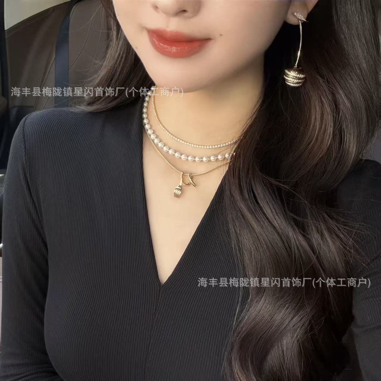 HEFANG何方卷卷叉子三层链轻奢优雅百搭珍珠项链女