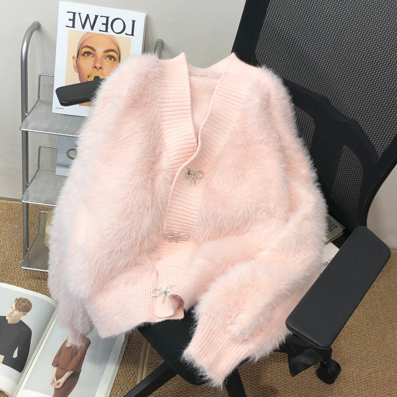 Alto grado visón terciopelo Rosa suéter abrigo para mujeres Otoño e Invierno nuevo estilo exterior desgaste suelto temperamento cuello en V punto cardigan