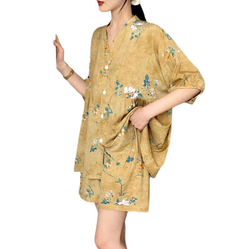 新しい女性用半袖コットンシルクパジャマ、夏用人工綿ホーム服、日本製カーディガン、大きいサイズ、屋外で着用できるコットンシルクスーツ|undefined