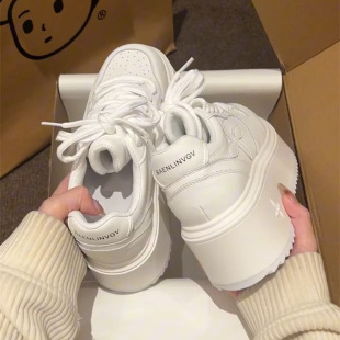 Maillard Explosions Thick Sole White Shoes Women's 2024 New Style Platform Sole Increased Lace-up Casual Sports Sneakers for Women
