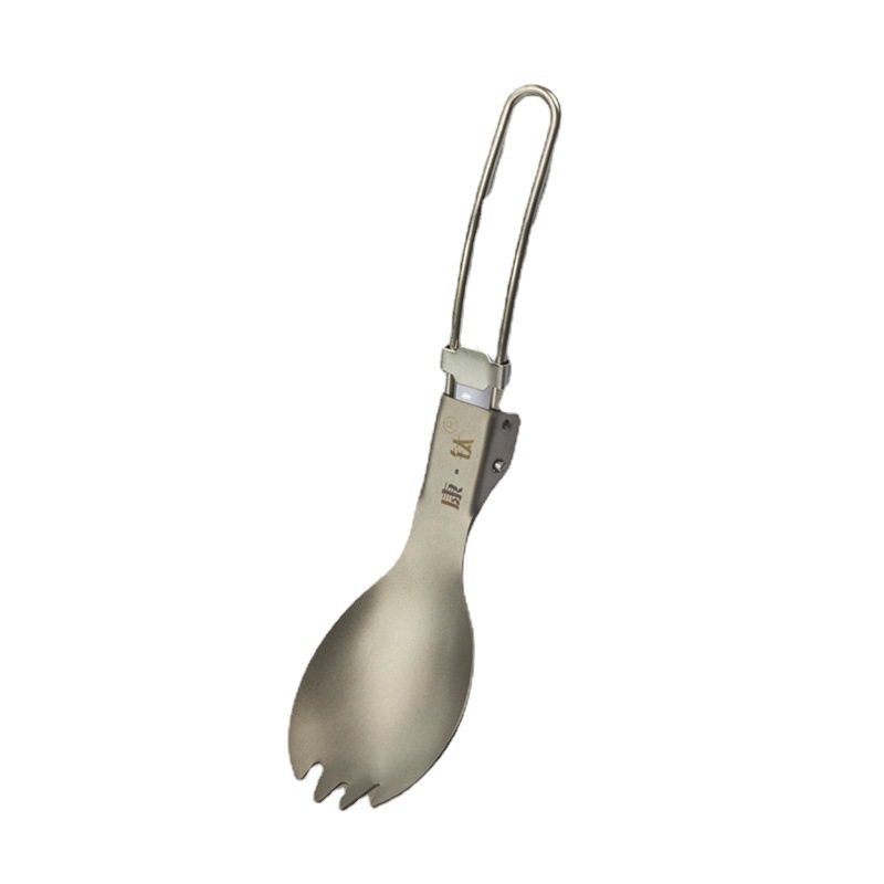Tenedor y cuchara de titanio puro para exteriores Kangtai, de doble uso, plegables, portátiles, para camping.