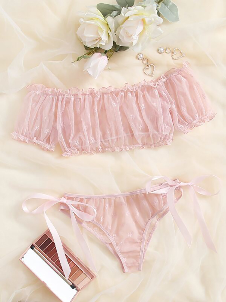 Large One Shoulder Sexy Lace Pure Desire Bra Underwear Two piece Perspective Set 08_voghion.com