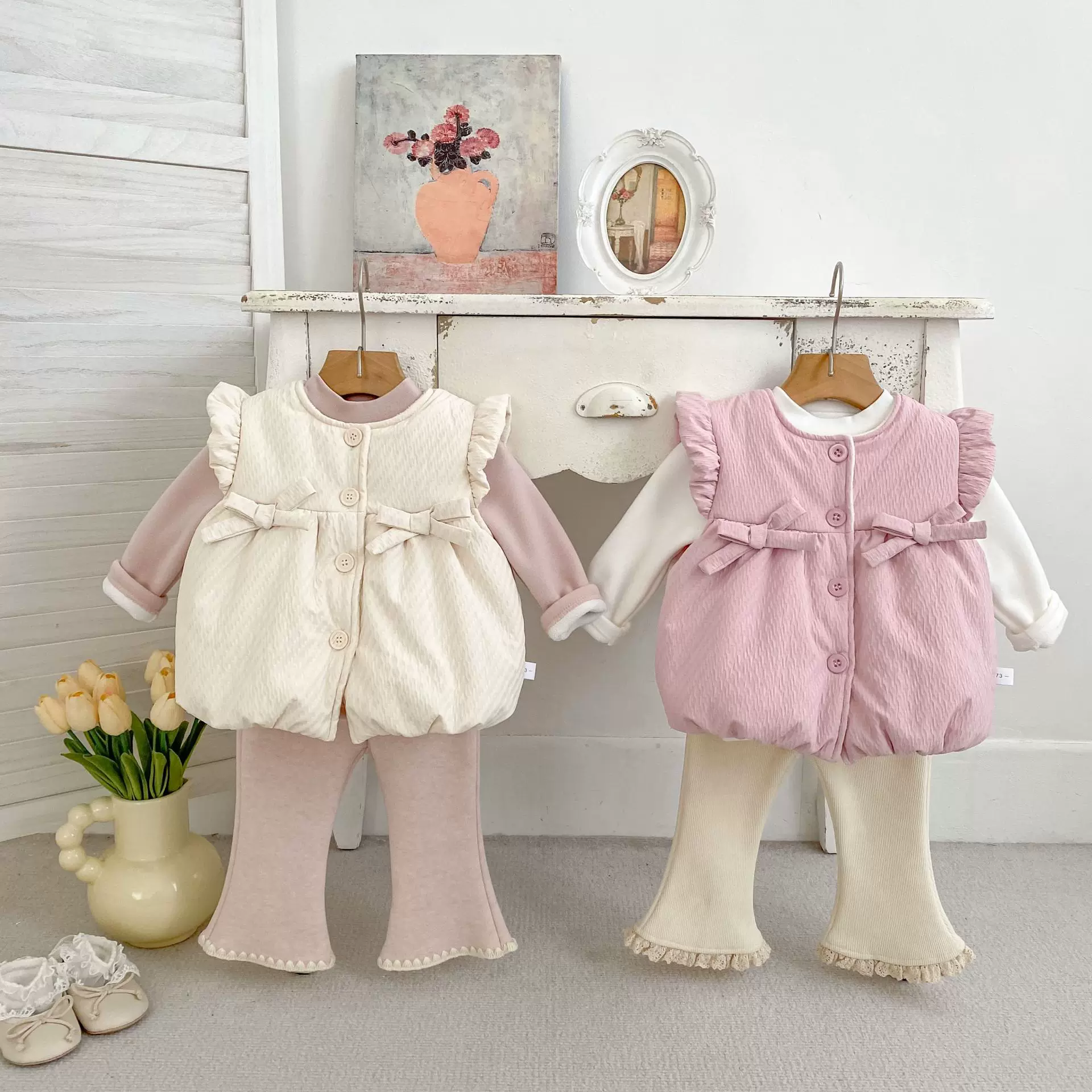 INS女宝宝冬款加厚马甲女童蝴蝶结马夹外套加厚开衫背心三件套