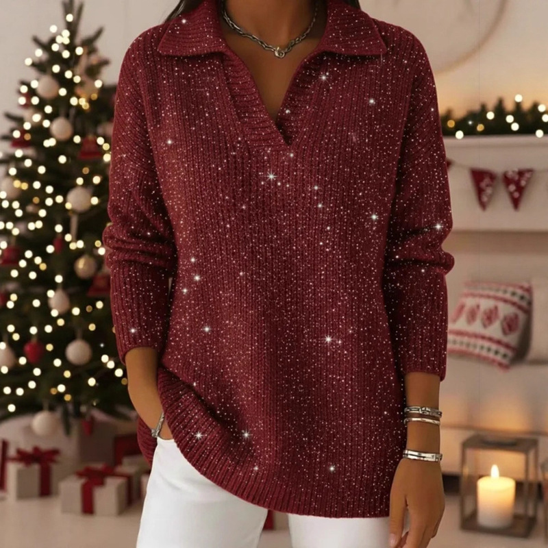 2025 Cross-Border Foreign Trade Women's Clothing Independent Site Amazon Autumn and Winter New Solid Color Long-Sleeve Top Shiny Sweater