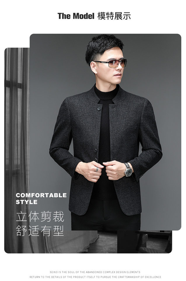 Bộ vest nam cổ đứng dáng ôm co giãn, áo khoác vest công sở tay dài — Màu đen chi tiết 4