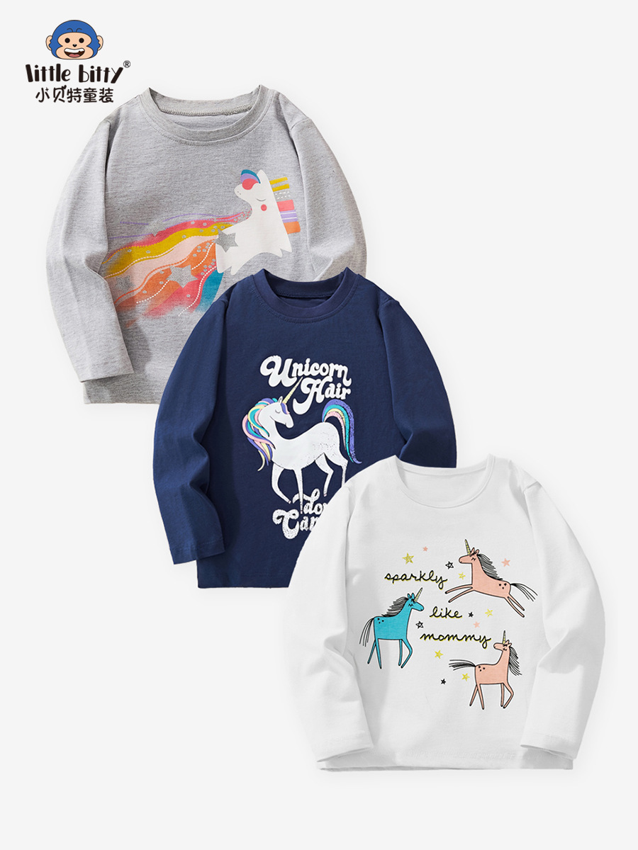 Cross-Border Kidsren's Clothing 2025 Autumn and Winter Kidsren's Long-Sleeved T-Shirt 3-Piece Set Unicorn Print Pattern Knitted Round Neck Shirt