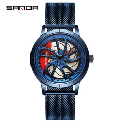 三達新款1086時來運轉皮網帶男款石英表防水時尚潮流鋼帶男士腕錶