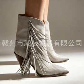 灰色流苏西部靴女尖头粗跟磨砂皮短靴 欧美风高跟骑士靴 源头工厂