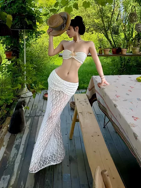 2026 Summer New Women's Three-Piece Swimsuit Set for Beach Vacation, Ruffled High-Waisted Long Skirt Swimwear for Hot Girls