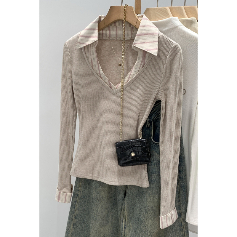 Designer-Style Shirt with Polo Collar and Fake Two-Piece Knit Base Layer for Women, Autumn/Winter 2026 New Chic Top