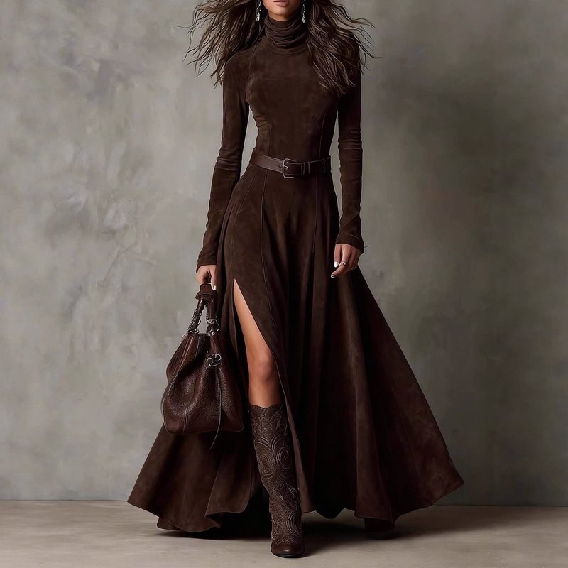 Cross-Border Amazon 2025 Autumn and Winter European and American Fashionable Long Dress + Belt