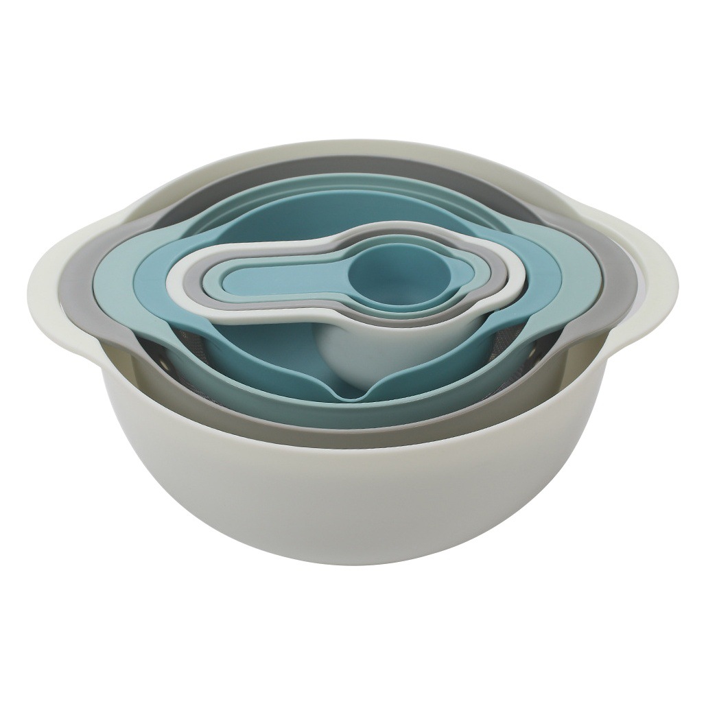 Cuenco de medición de arco iris para hornear Cuchara de medición multifuncional de 8 piezas Tamiz de arroz Combinación de traje de tazón de ensalada DIY