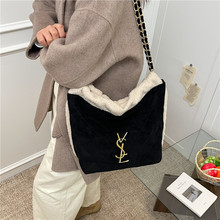 韩ins高级水桶包小众设计手提包菱格绣线大容量链条单肩斜挎包-