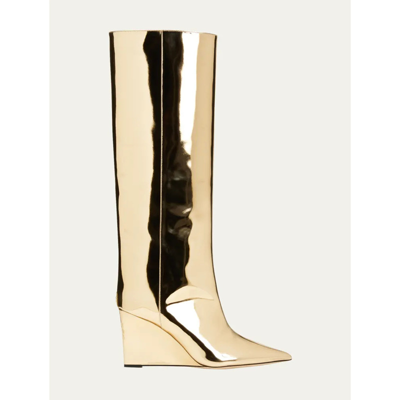 2023 European and American Foreign trade autumn and winter catwalk pointed metal glossy high heels fashion knee-high women's boots long boots large size shoes