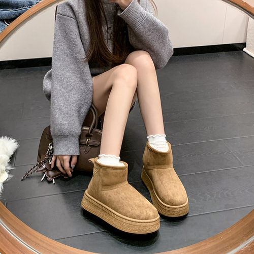 Women's Thick-Heeled Short Snow Boots 2025 Winter Warm Fleece Lined Leather-Fur Integrated Snow Boots Slipper Boot