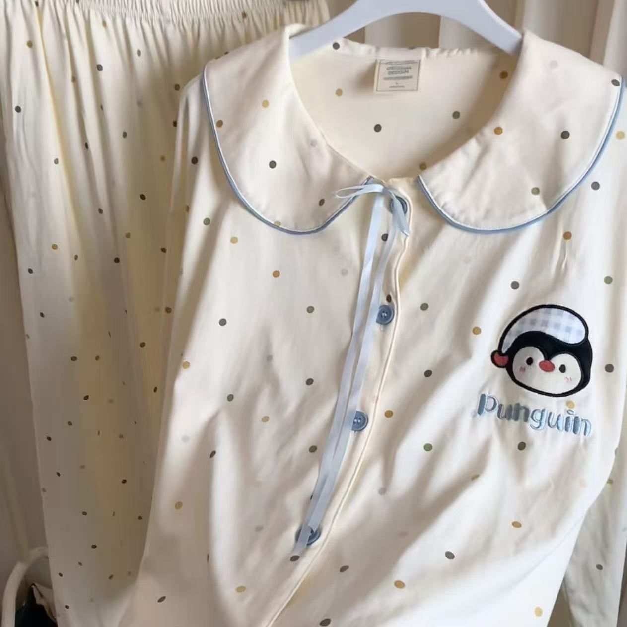 Pijamas transfronterizos al por mayor primavera y otoño mujeres nuevas mangas largas de algodón con solapa pequeña mangas largas pantalones largos casuales set de ropa casera
