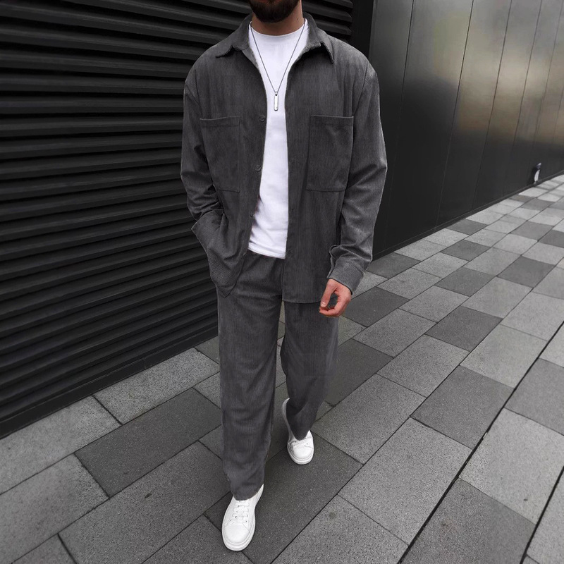 Cross-border 2025 spring European and American men's daily leisure corduroy trousers long sleeve lapel shirt suit