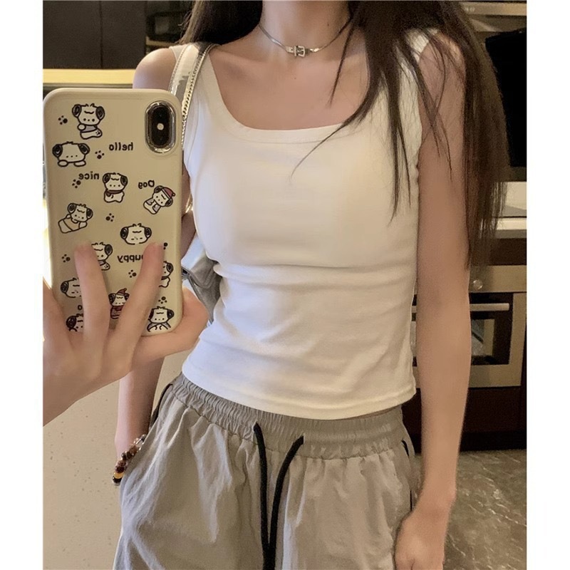 Pure Desire Korean Style Solid Color Camisole for Women with Chest Pads, Suitable for Summer, Can Be Worn as an Inner or Outer Layer, Slim Fit, Comfortable Base Layer Tank Top for Young Girls