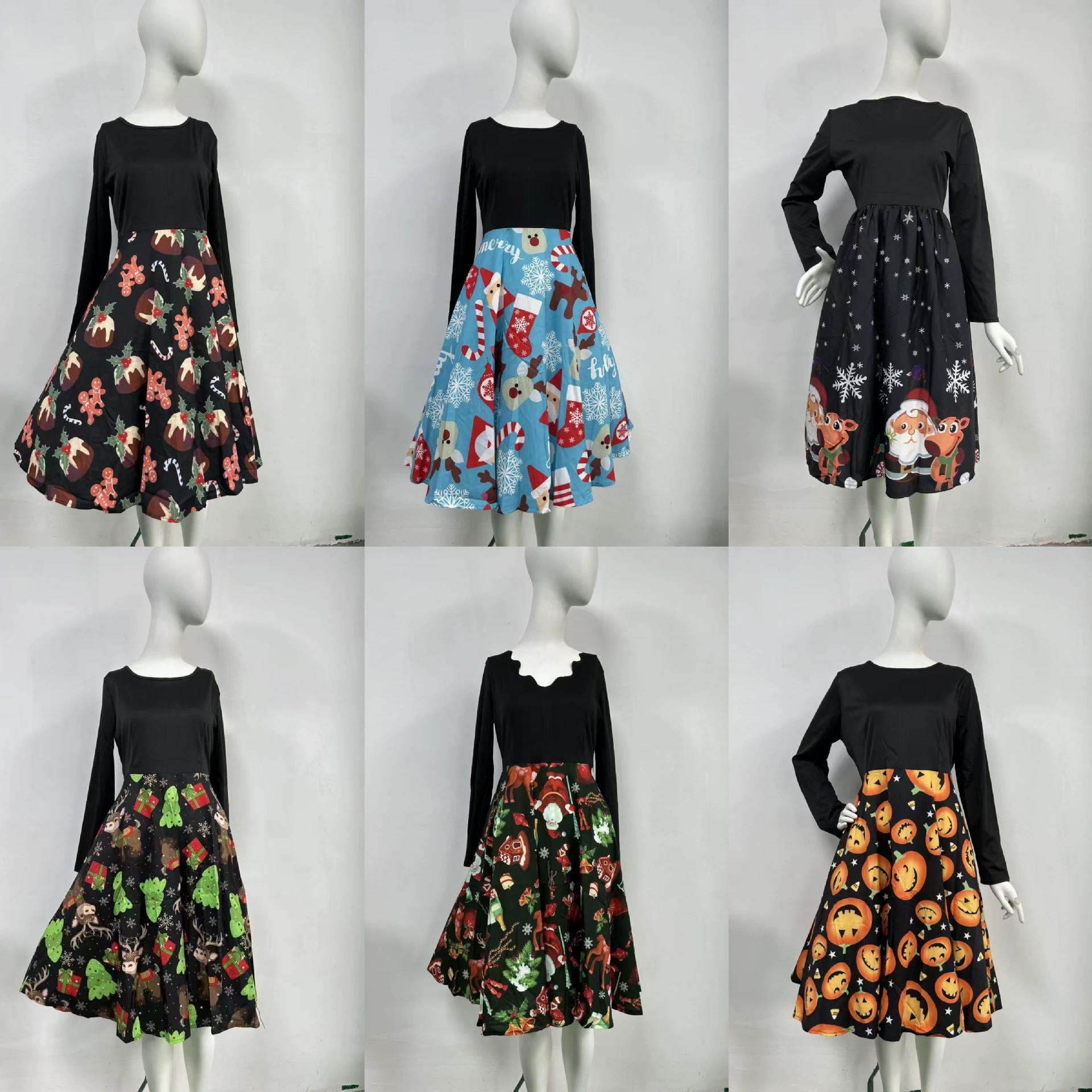 Оптовая поставка платьев с круглым вырезом и длинными рукавами с принтом на тему Рождества и Хэллоуина, товары из остатков внешней торговли, для Amazon.