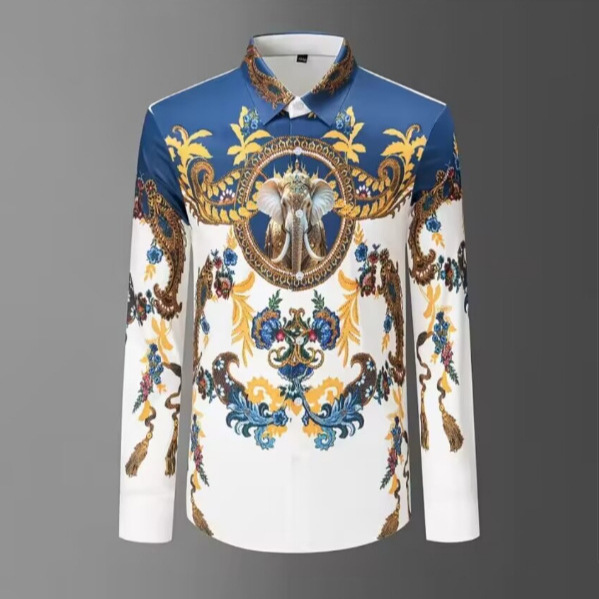 Palace-Style Retro Rhinestone Shirt Men's Long-Sleeve Slim-Fit Casual Shirt Social Party Tuxedo Streetwear