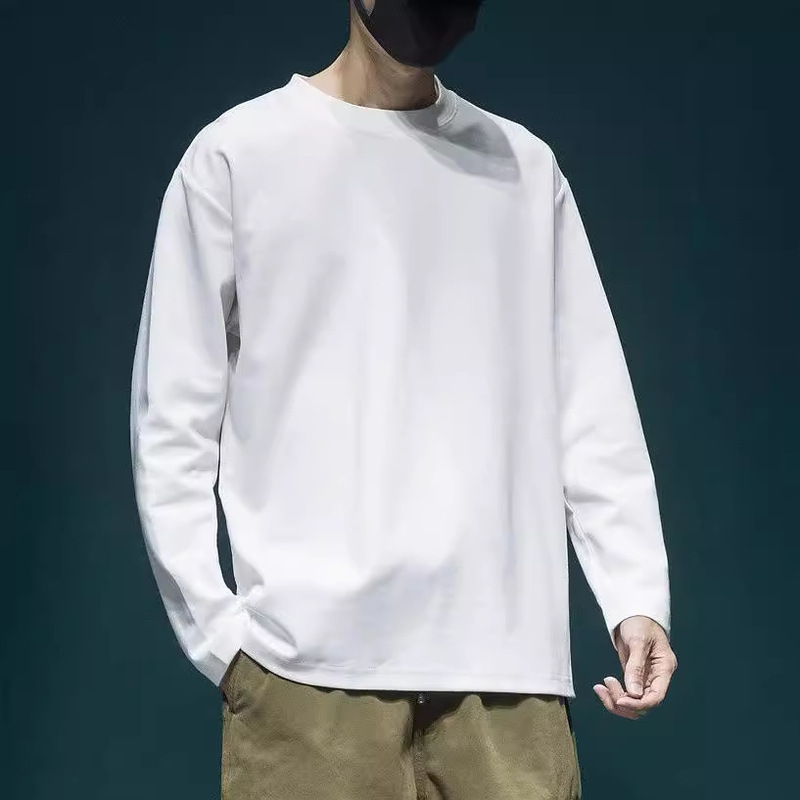 White Long-sleeved T-shirt Men's Loose plus size Autumn New Round Neck Inner Jacket Plus Size Base Shirt Pure Cotton