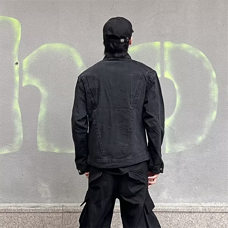 Men's Denim Jacket With Shoulder Pads And Standing Collar_voghion.com