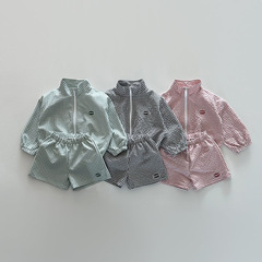 夏季ins~中小童2024新品韓版童裝時尚休閒薄款格子拉鏈防曬衣套裝