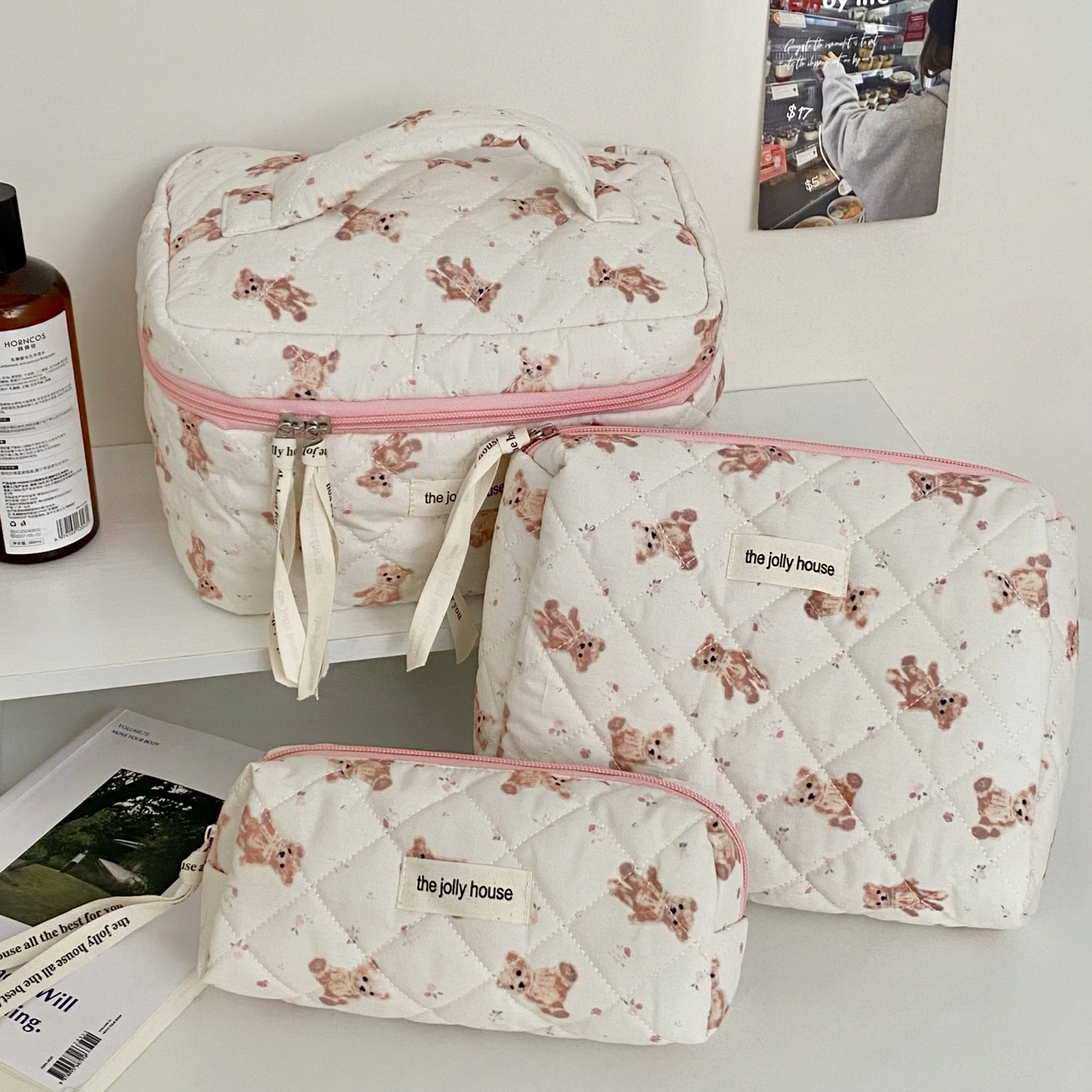 Handheld Cosmetic Bag, Korean Style Bow Organizer, Cotton, Multiple Sizes (Small/Medium/Large)