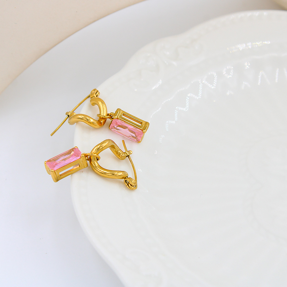 Plating, Inlay Design Fashion Style Fashion Square Stainless Steel Plating Inlay Zircon Drop Earrings 1 Pair