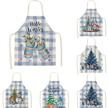 亚马逊新款蓝色圣诞老人雪花小汽车印花围裙厨房清洁防污围腰罩衣