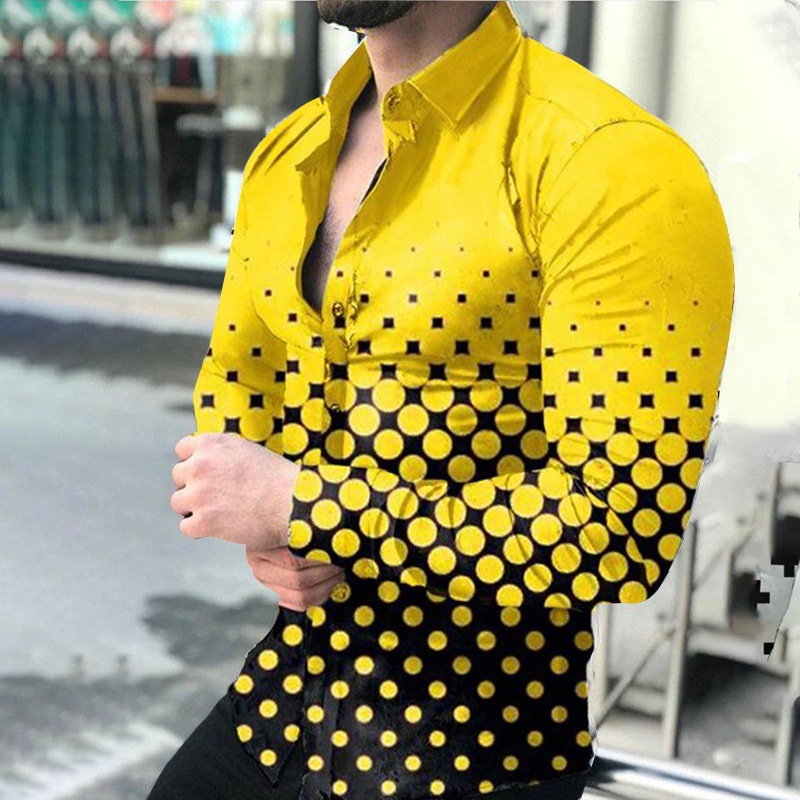2023 europäische Neue Frühling Herbst männer Langarm Taste Shirts Dot Print Hemd Plus Größe Dünne Top Farbverlauf Shirts_voghion.com