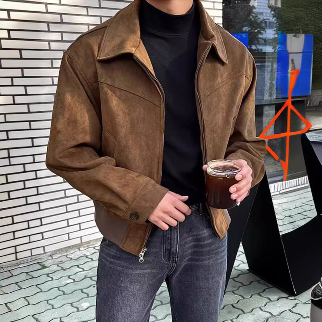 Demi-season short suede jacket with zipper