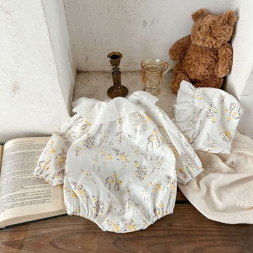 Korean style baby girl floral hooded jumpsuit ins newborn lace loose harem trendy