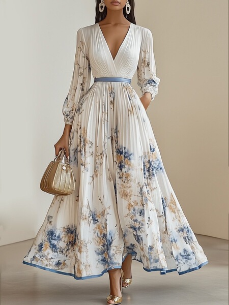 European and American 2025 Autumn and Winter New Foreign Trade Women's Clothing Printed V-Neck Long-Sleeved Fashionable Pleated Dress Long Skirt for Women