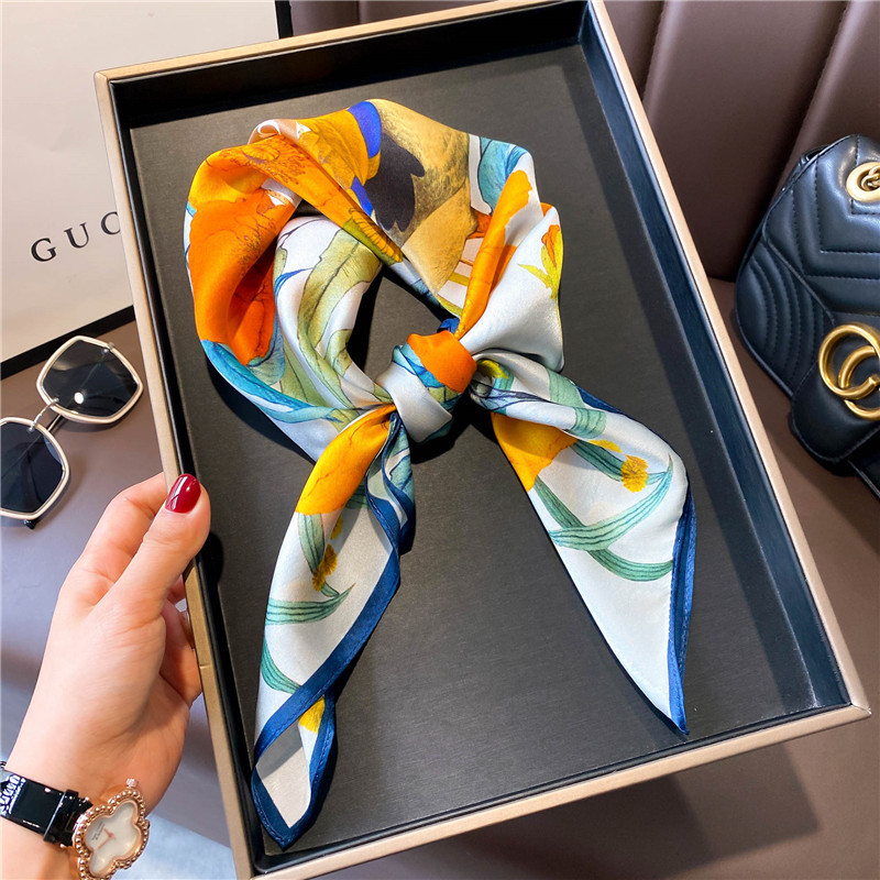 杭州丝绸黄色花朵法式发带真丝丝巾桑蚕丝小方巾女领巾装饰薄围巾|ru