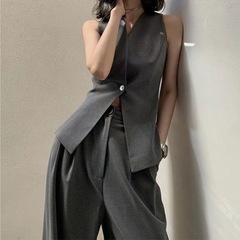 春服は、カジュアルな気質、小さな香りのスーツベスト+通勤ワイドパンツプロフェッショナルツーピースセットの完全なセットと組み合わせています。