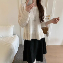 2025秋冬新款设计感下摆花边套头毛衣女宽松气质温柔风圆领针织衫