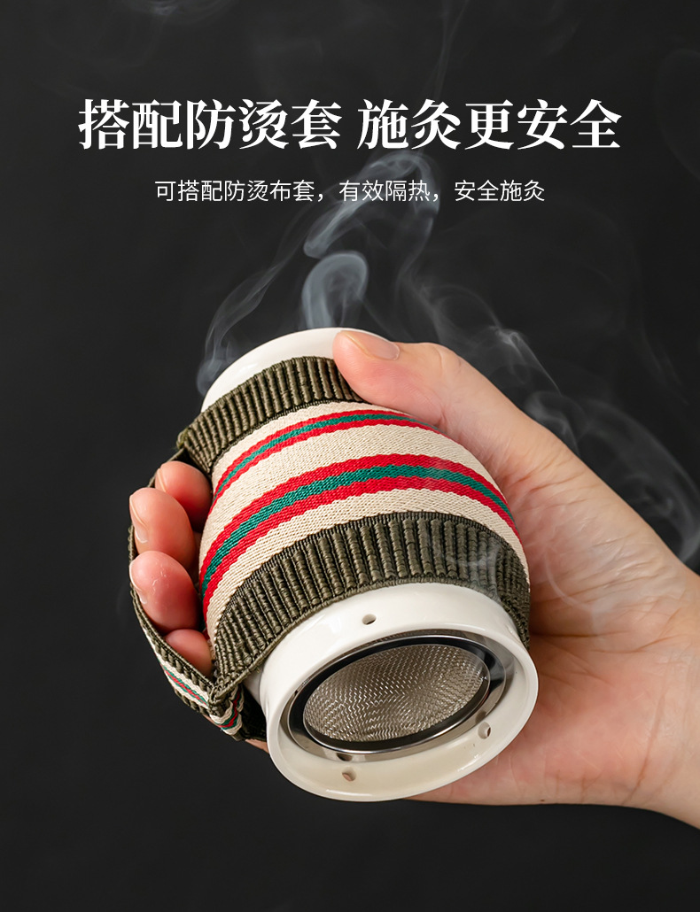 White Ceramic Moxibustion Jar with Gua Sha Function Portable Home Moxa Warmer with Dust-Proof Steel Mesh and Cloth Cover specifications