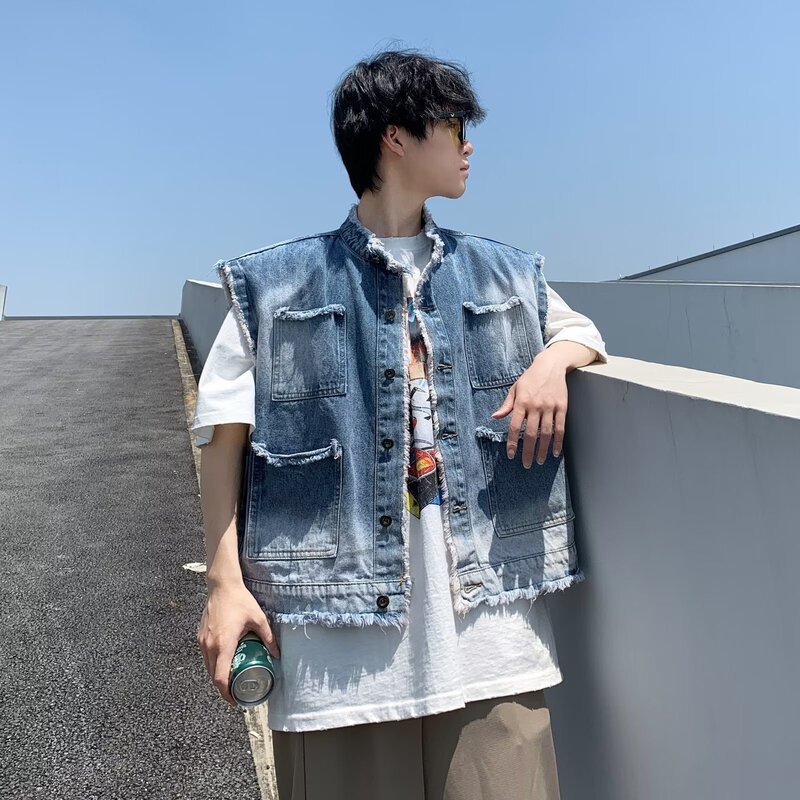 Washed Old Gradient Raffer Denim Vest Men's American-style High-street Raffer Handsome Loose Sleeveless Waistcoat