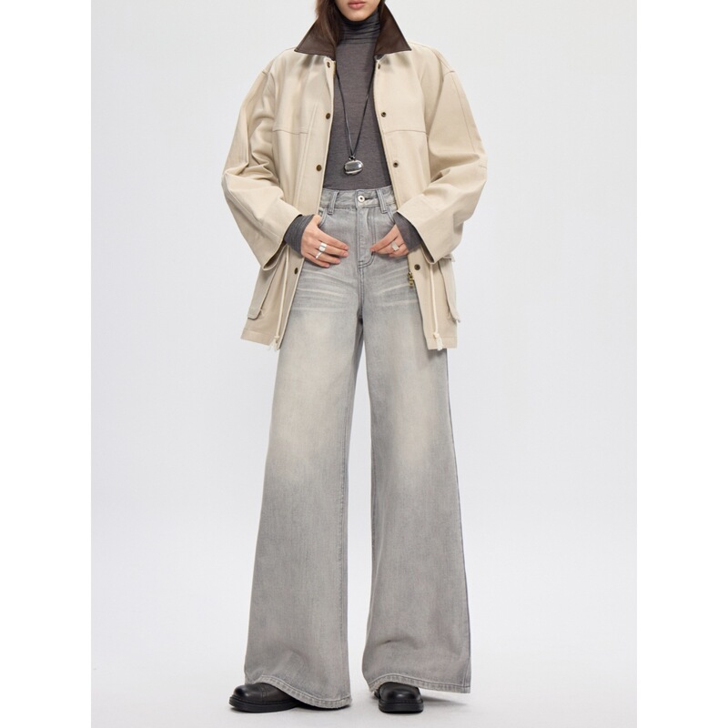 【High Quality】Vintage Silver Gray Wide-Leg Jeans for Women 2026 Spring Draped Loose Straight-Leg Floor-Length Pants 【High Quality】Vintage Silver Gray Wide-Leg Jeans for Women 2026 Spring Draped Loose Straight-Leg Floor-Length Pants