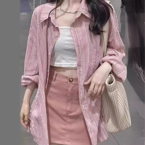 2025 Spring Pink Striped Shirt New Women's Top Design-Oriented Niche Thin-Sleeve Sun Protection Jacket