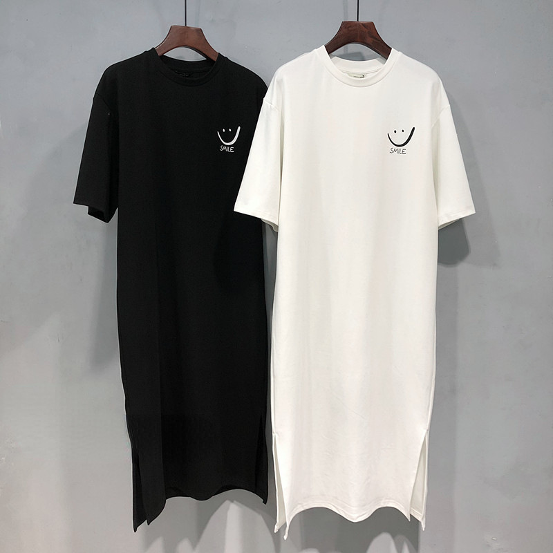 1106 # 【2025夏新商品】純綿笑顔丸首側開叉長型膝丈tシャツワンピース女