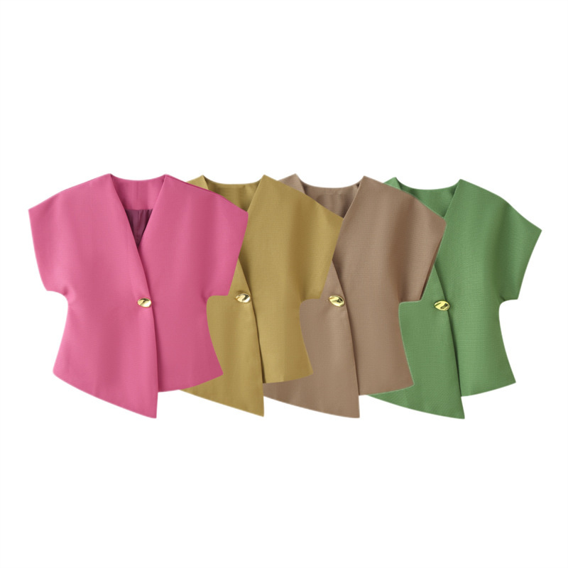 Foreign Trade Wholesale Women's Clothing 2026 Summer New Style European and American Fashion Simple Versatile One-Button Waist-Cinching Short-Sleeve Shirt Foreign Trade Wholesale Women's Clothing 2026 Summer New Style European and American Fashion Simple Versatile One-Button Waist-Cinching Short-Sleeve Shirt