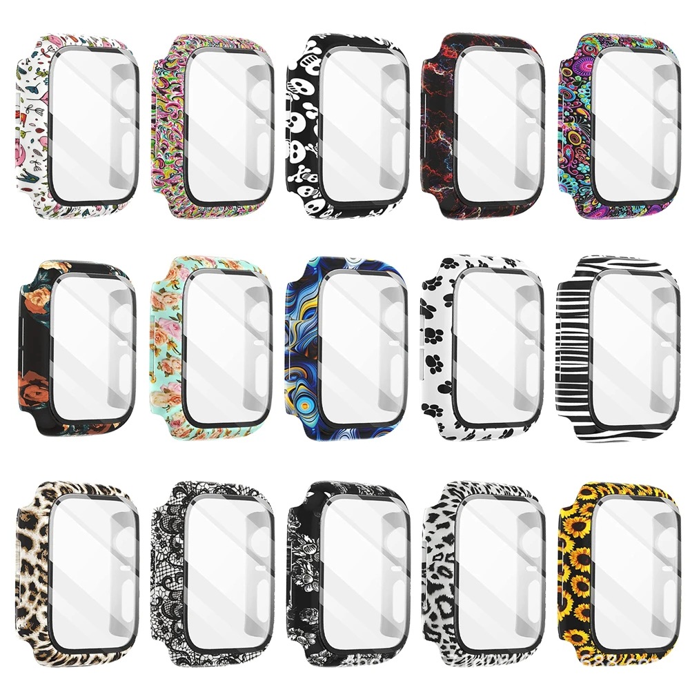 适用苹果Applewatch87豹纹表壳iWatch印花钢化膜PC壳膜一体保护套