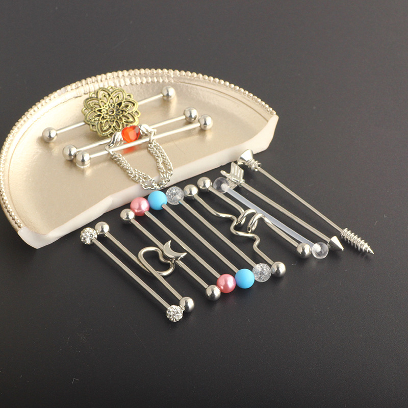 Industrial Barbell Earring Set Stainless Steel Heart Dangle Ear Studs Double Ear Holes Earrings Kit 14 Pieces Vintage Retro Style detail image 7