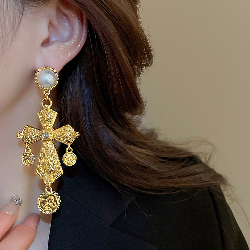 Cross Pattern 1 Pair Vintage Style Cross Plating Inlay Alloy Artificial Pearls Rhinestones Drop Earrings