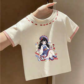 小批量批发儿童卡通短袖拼接圆领中小童纯棉女童宝宝T恤上衣圆领
